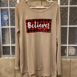 Christmas Soft Buffalo Plaid BELIEVE Long Sleeve Shirt NWT